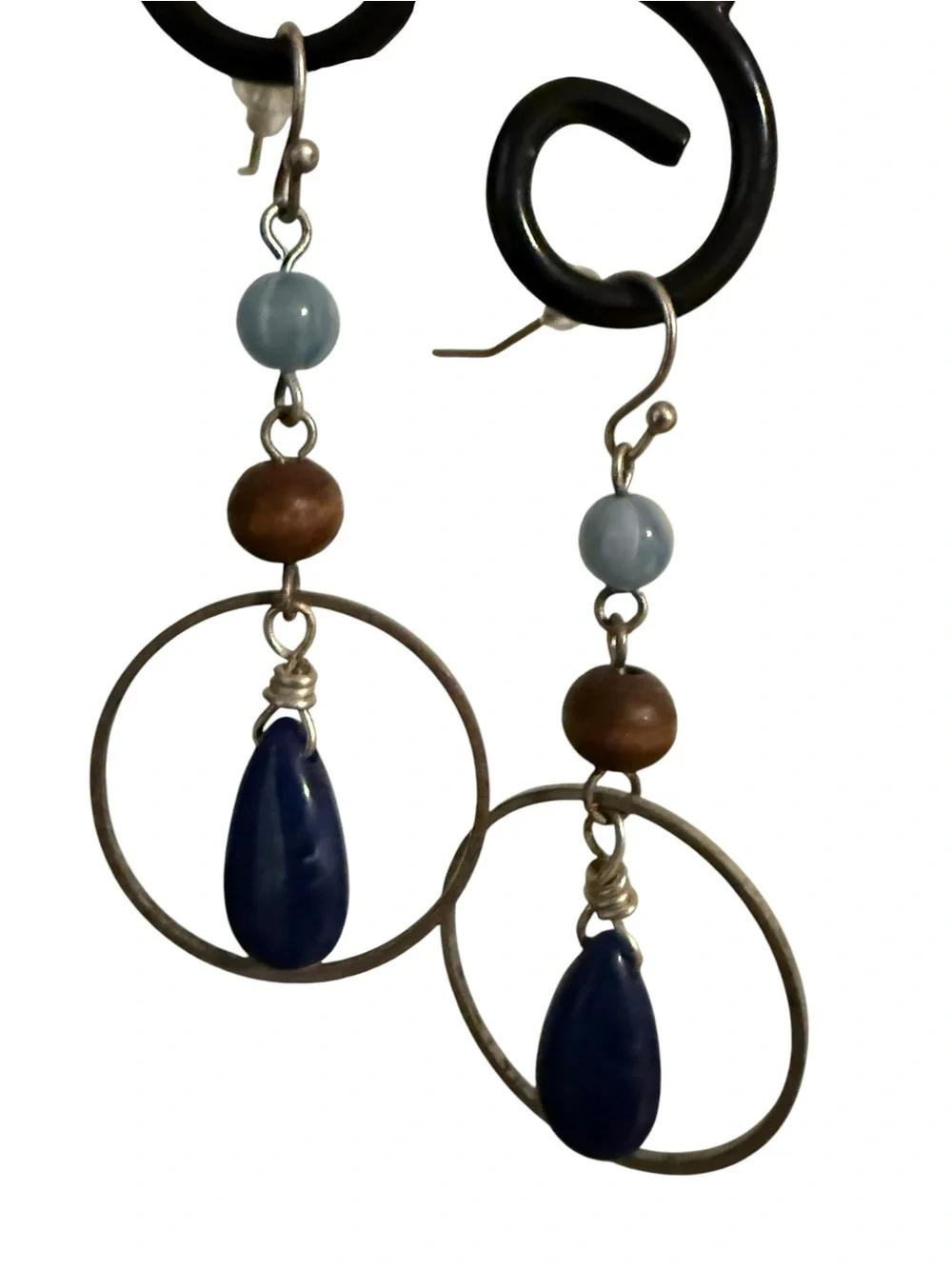 Handcrafted Artisan Blue Teardrop Hoop Earrings with Wood Bead